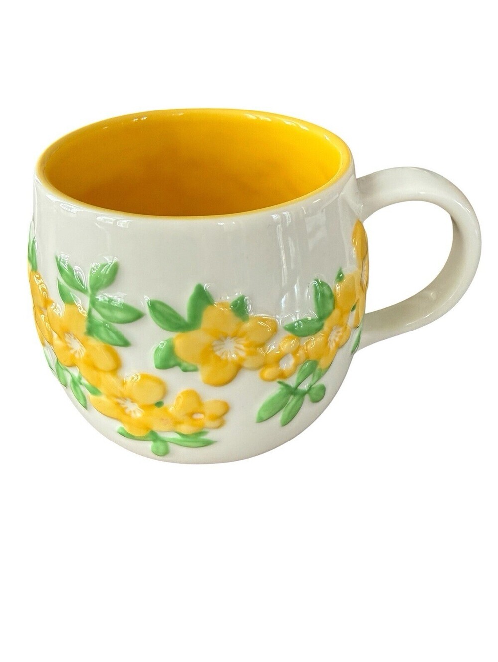 Starbucks Ceramic Coffee Mug 2007 Yellow Flowers Embossed Design